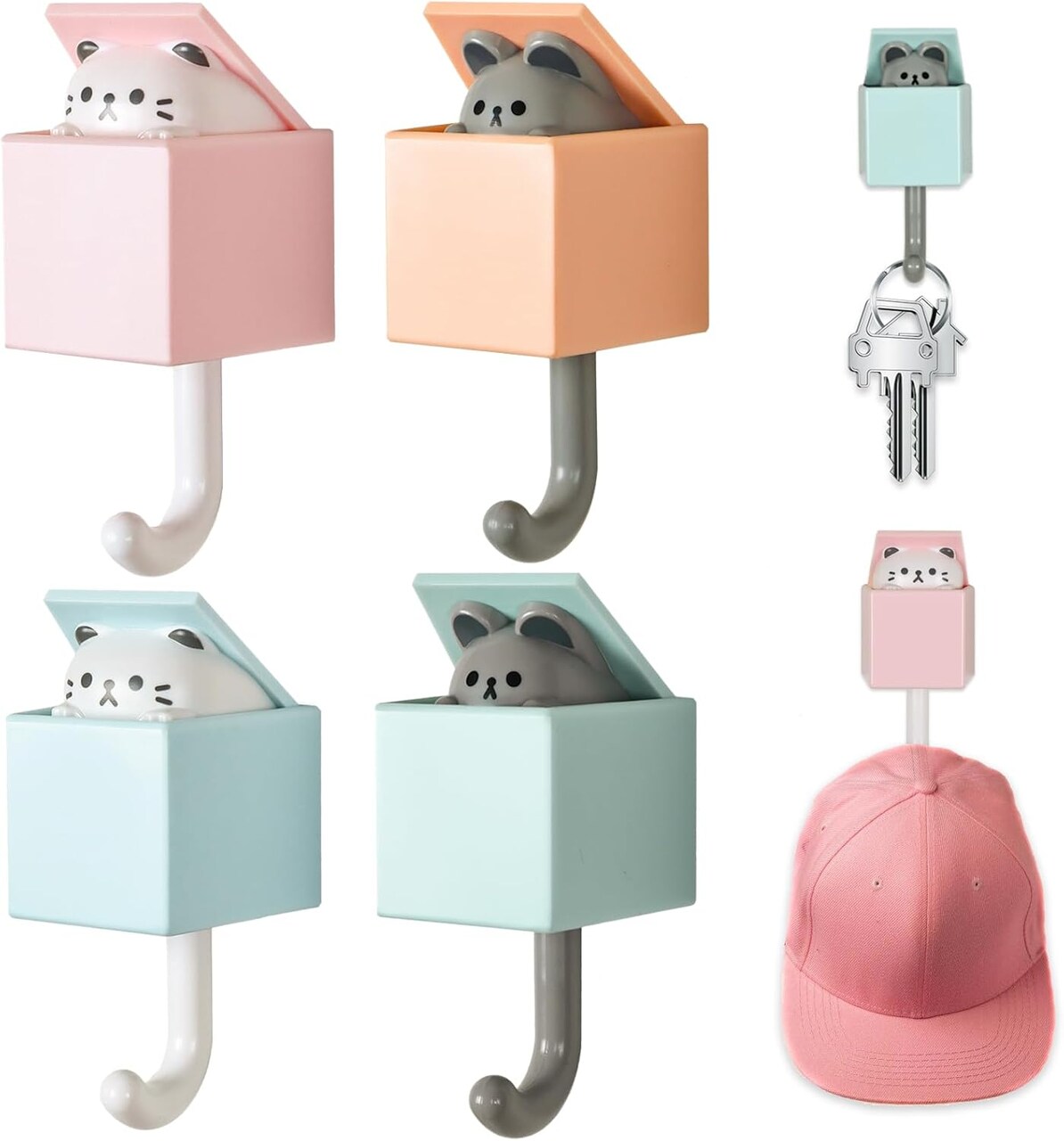 4 Pcs Cute Cat Key Holder, Creative Adhesive Mouse Cat Wall Hooks, Cute Room Decor Hook for Coat, Scarf Hat Towel Key Bag Wall Decoratives